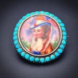 SOLD Antique Silver, Turquoise & Hand Painted Enamel Portrait Brooch