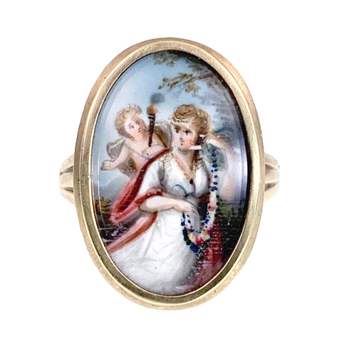 Antique 14K & Miniature Cupid & Psyche Painting Ring