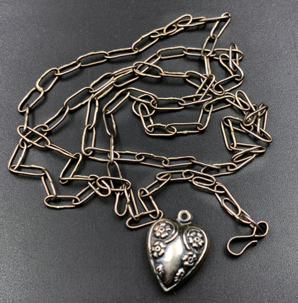 Antique Silver Paper Clip Chain with Puffy Silver Heart Charm