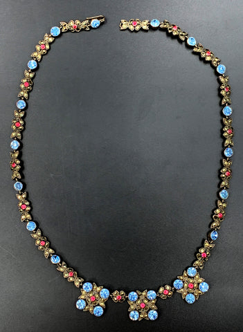 Antique Silver, Paste Necklace with Blue, Pink & Marcasite stones
