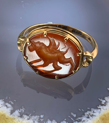 14K Ancient Carnelian Winged Creature Intaglio Conversion Ring