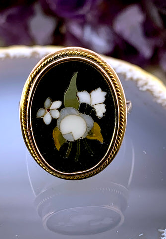 Antique Edwardian 14K Gold & Silver Pietra Dura Floral Ring