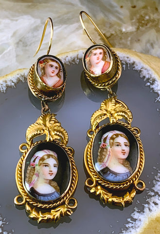 Antique Hand Painted Porcelain Earrings In Rolled Gold W/14K Hooks