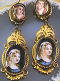 Antique Hand Painted Porcelain Earrings In Rolled Gold W/14K Hooks