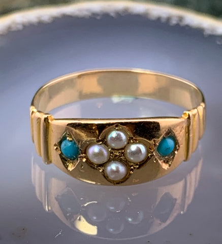 Antique 18K, Turquoise & Pearl Ring