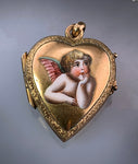Antique 15K & Hand Painted Enamel Putto Heart Locket
