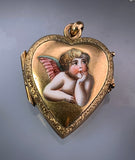 Antique 15K & Hand Painted Enamel Putto Heart Locket