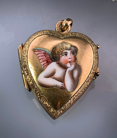Antique 15K & Hand Painted Enamel Putto Heart Locket
