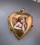Antique 15K & Hand Painted Enamel Putto Heart Locket