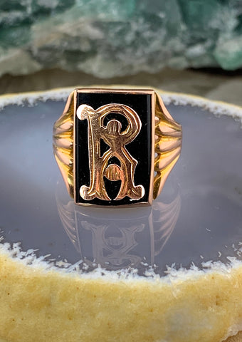 Vintage 9K & Onyx R Monogrammed Ring