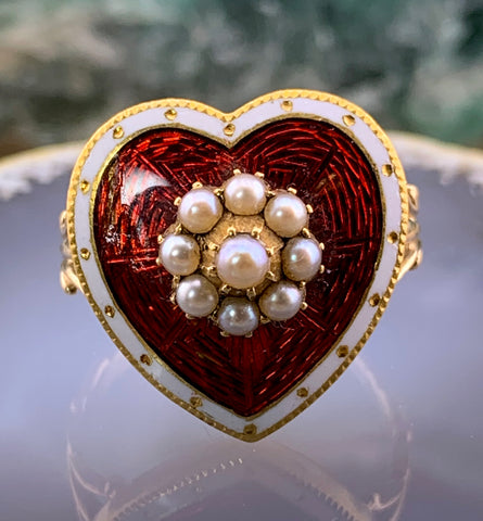 Antique 18K, 14K, Seed Pearl & Enamel Heart Conversion Ring