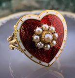 Antique 18K, 14K, Seed Pearl & Enamel Heart Conversion Ring