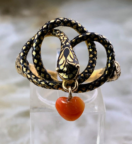 Antique 16K, 14K, Coral & Enamel Snake Conversion Ring