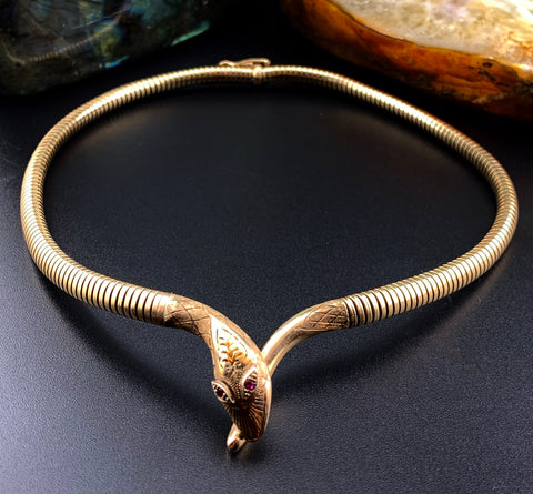 Vintage English 9K & Ruby Snake Necklace