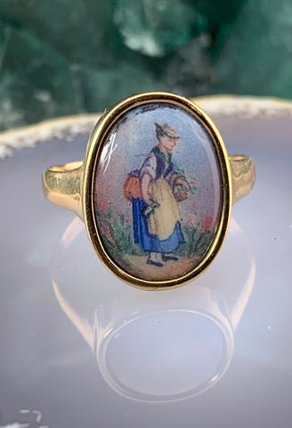 Antique Swiss 18K & Hand Painted Enamel Ring