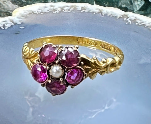 Antique 15K, Tourmaline & Seed Pearl Flower Ring