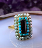 Antique 18K, Garnet, Turquoise & Seed Pearl Ring