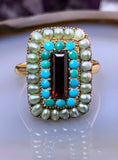 Antique 18K, Garnet, Turquoise & Seed Pearl Ring