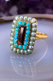Antique 18K, Garnet, Turquoise & Seed Pearl Ring
