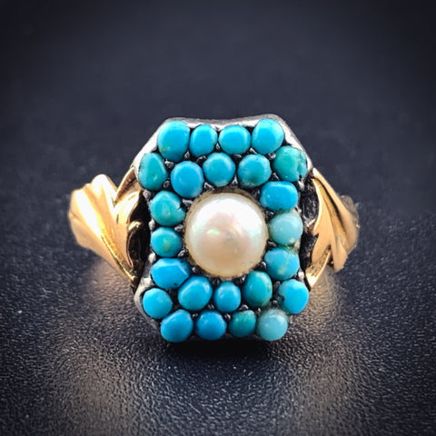 Antique 18K, Persian Turquoise & Pearl Ring