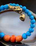 Antique Coral & Opaline Glass Bead Snake Bracelet in Vermeil