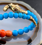 Antique Coral & Opaline Glass Bead Snake Bracelet in Vermeil