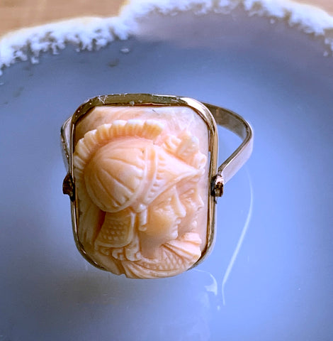 Antique 14K & Carved Coral Double Faced Cameo Conversion Ring