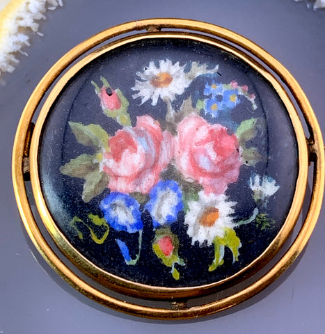 Antique 22K, Glass & Hand Painted Floral Brooch