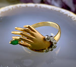 Vintage 18K, Diamond & Emerald Hand Ring