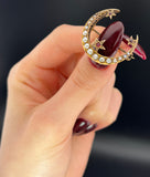 Antique 15K, Ruby & Seed Pearl Crescent Brooch