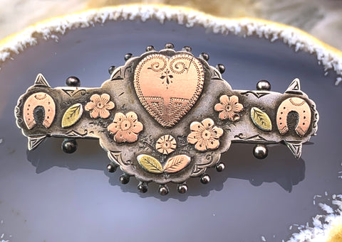 Antique English Sterling Silver/Gold Top Floral Heart Horseshoe Brooch