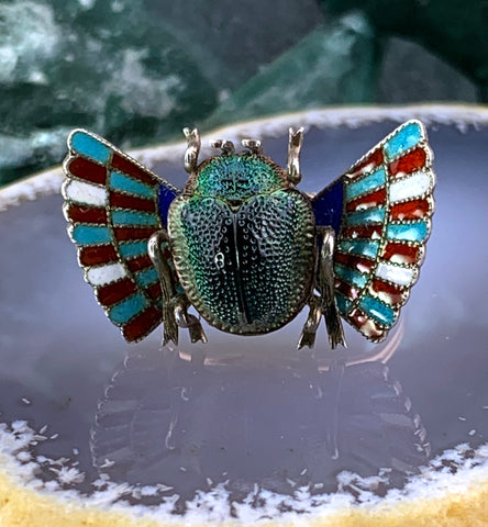 Antique 14K, Silver, Enamel & Preserved Scarab Conversion Ring