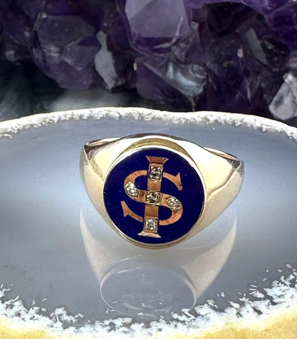 Vintage 10K, Diamond & Enamel Monogrammed Ring