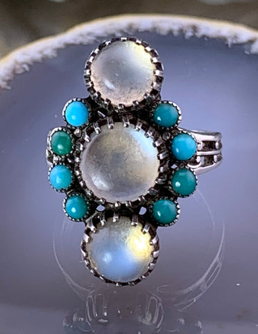 Antique German Silver, Moonstone & Turquoise Ring