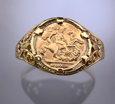 SOLD Vintage Victorian Revival 9K St. George & The Dragon Coin Ring