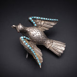 SOLD Antique Silver, Turquoise, Hair Work & Red Paste Locket Back Bird Brooch