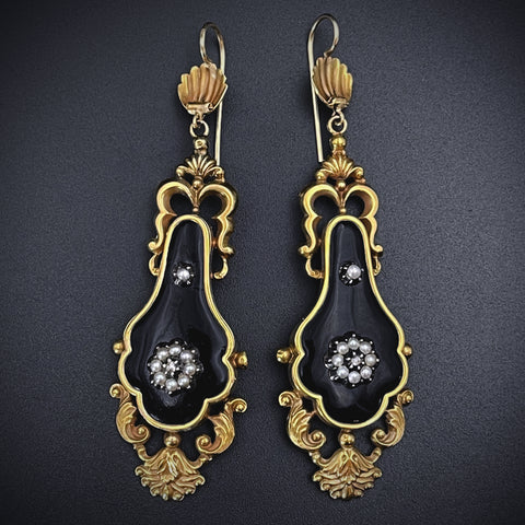 SOLD Antique Victorian 14K, Diamond, Seed Pearl & Enamel Earrings