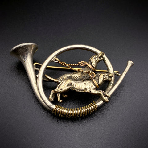 SOLD Antique Silver Hunting Hounds Horn Brooch