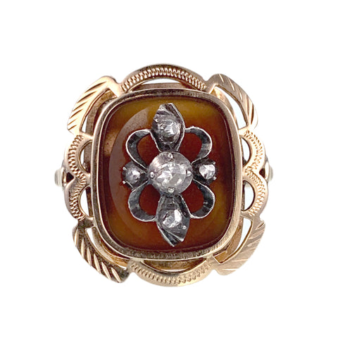 Antique 14K, Silver, Rose Cut Diamond & Carnelian Ring