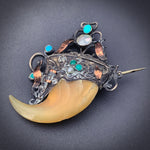 SOLD Antique Silver, Turquoise & Mother Of Pearl Tiger Claw Brooch
