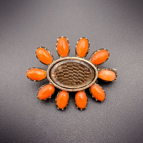 SOLD Antique Georgian 10K, Coral, Woven Hair & Glass Mourning Brooch