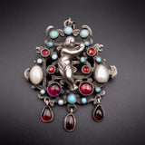 Antique Austro-Hungarian Silver, Garnet, Pearl & Turquoise Eve & The Apple Brooch