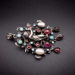 Antique Austro-Hungarian Silver, Garnet, Pearl & Turquoise Eve & The Apple Brooch