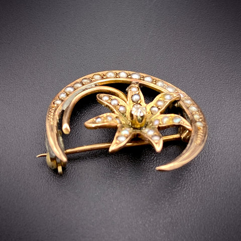 Antique 14K, Diamond & Seed Pearl Starflower & Crescent Brooch 