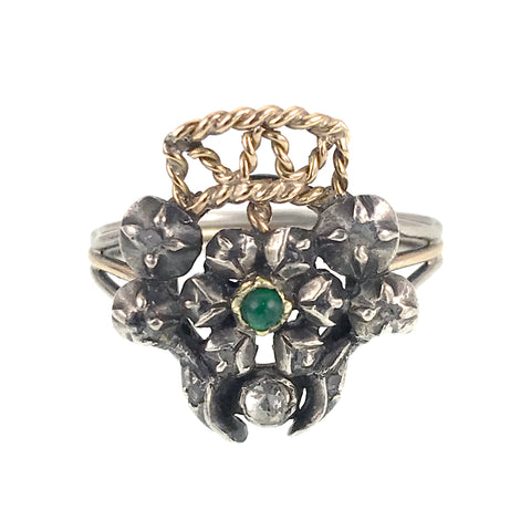 Antique 18th Century 18K, Silver, Diamond & Emerald Giardinetti Crown Ring