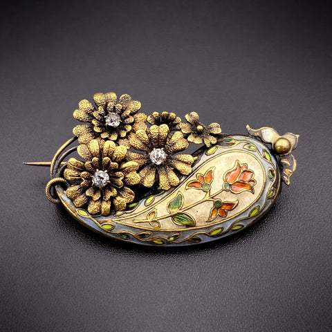 SOLD Antique 14K, Diamond & Floral Enamel Cloisonnée Brooch