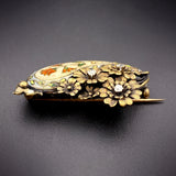 Antique 14K, Diamond & Floral Enamel Cloisonnée Brooch