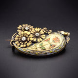 Antique 14K, Diamond & Floral Enamel Cloisonnée Brooch