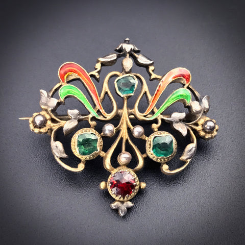 Antique Art Nouveau 9K, Silver, Emerald, Garnet & Enamel Brooch