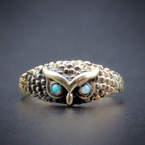 Koven Kreation 14K Owl Ring With Gemstone Eyes